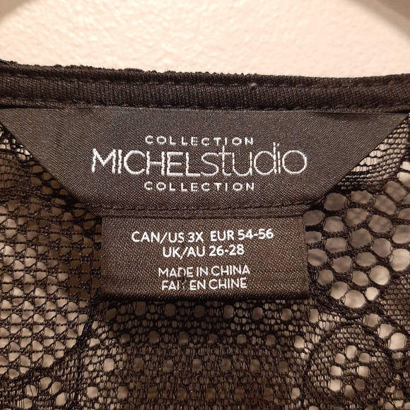 🍁 MICHEL STUDIO Sheer Lace Scoop Neck Long Sleeve Peplum Top Black Stretchy - Picture 9 of 10